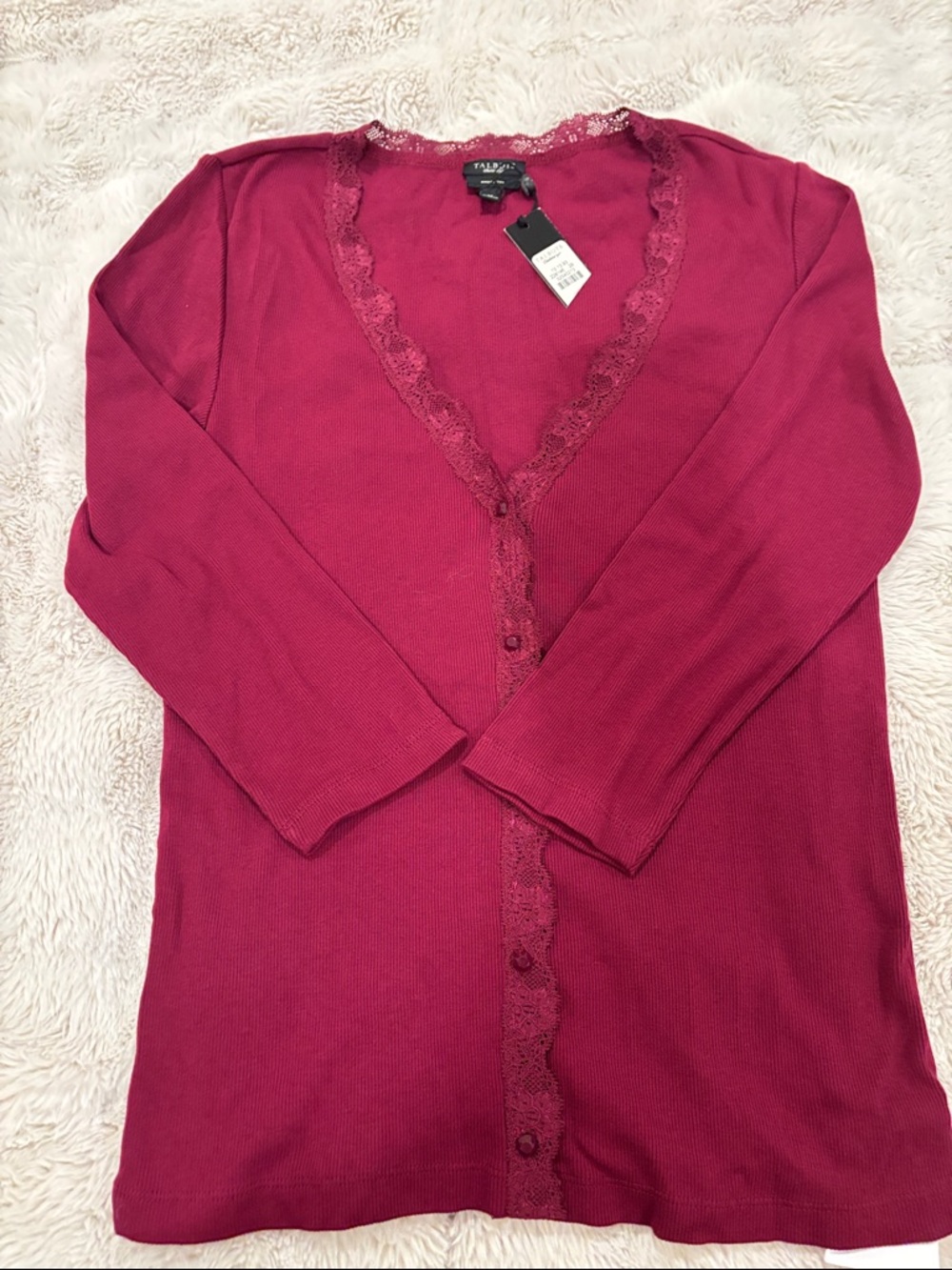 Talbots NWT Wine Lace-Trim Cotton V-Neck Cardigan